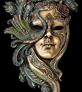 Stor dekorativ maske i neobarok stil. Detaljeret polyresin figur af kvindemaske med påfuglefjer